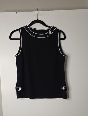 Black Sleeveless Tank Top with White Trim and Button Detail